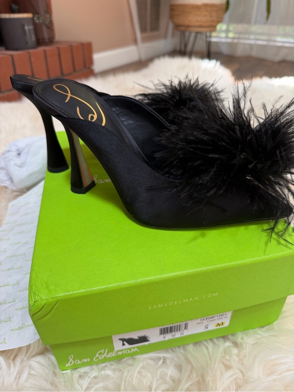 Sam Edelman Anthony Black satin Feather Pom Mule Heels - Women 5M new - Picture 4 of 10